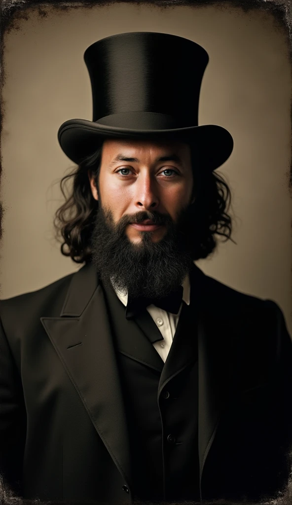 A portrait at eye level, of a man with long hair and a black beard, looking directly at the camera and with a slight smile, dressed in an antique 19th century style black suit, with a top black hat, the photograph is a daguerreotype style colored in sepia