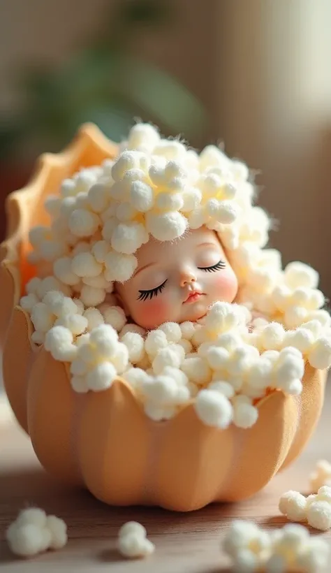 imagine a beautiful fluffy popcorn baby, sleeping in a shell, her bed, a cute stuffed shell