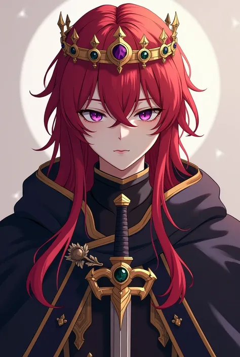 Alone,  closed mouth ,  anatomically correct , slightly long red hair , a crown over his hair ,A dark layer, medieval style clothing ,  gold details and gems on clothes,  a sword on his wrist .  purple eyes,  anime style, 23-year-old male