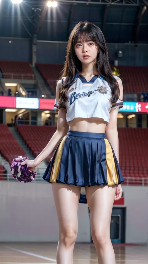 A beautiful young Japanese woman, 20 years old, with perfect anatomy, healthy thighs, beautiful feet, flawless skin, random hair color and style, large bust, wearing a cheerleader uniform with micro-pleated miniskirt, in a full-body shot, standing in a sta...