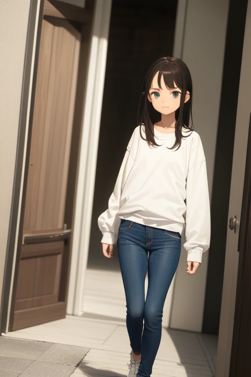 thin girl, white, with dark brown hair,  with a small tuft of hair sticking out of her forehead, hair stuck together , wearing a green sweatshirt , dark blue jeans, zapatillas whites y negras,  looks forward shyly .