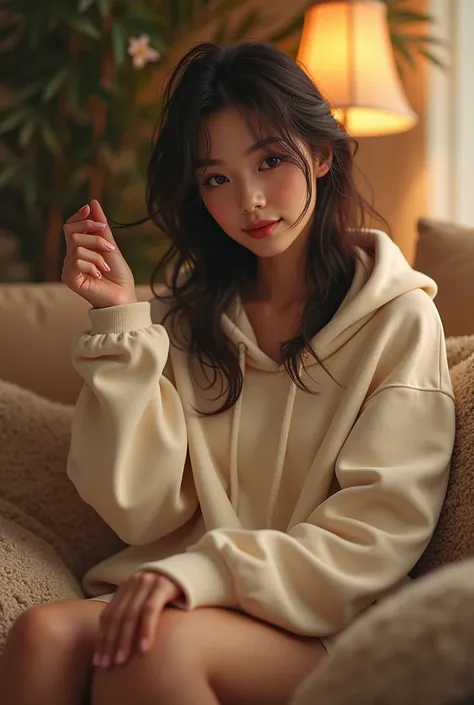 (photorealism:1.2), beautiful woman, wearing oversized hoodie, short pants, medium hair, indoors, cozy room, cute pose, realistic, intricate details, soft lighting, sitting on couch