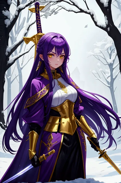 Girl, long, purple, straight hair, high quality bright yellow eyes, medieval costume, holding a sword.
snow forest background.
He only holds one sword, a sword with a golden blade, a purple handle, a high-quality sword.