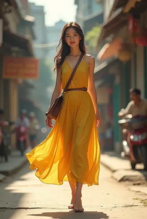 Beautiful. 20years  old myanmar girl.she take a walk on the street.with bag behind of her.she. wear yellow dress