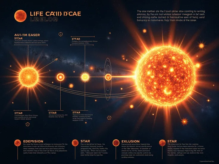 Representation of the Life Cycle of a Star :  An infographic that illustrates the life stages of a star ,  from its formation to its explosion and the dispersion of elements , , highlighting the connection with the creation of new planets and stars.