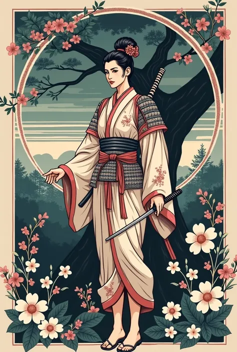 A Japanese warrior woman stands heroically in a traditional, retro-styled landscape, reminiscent of classic line art and comic book illustrations. With a samurai sword at her back and a determined gaze, she embodies the dynamic spirit of vintage Japanese c...