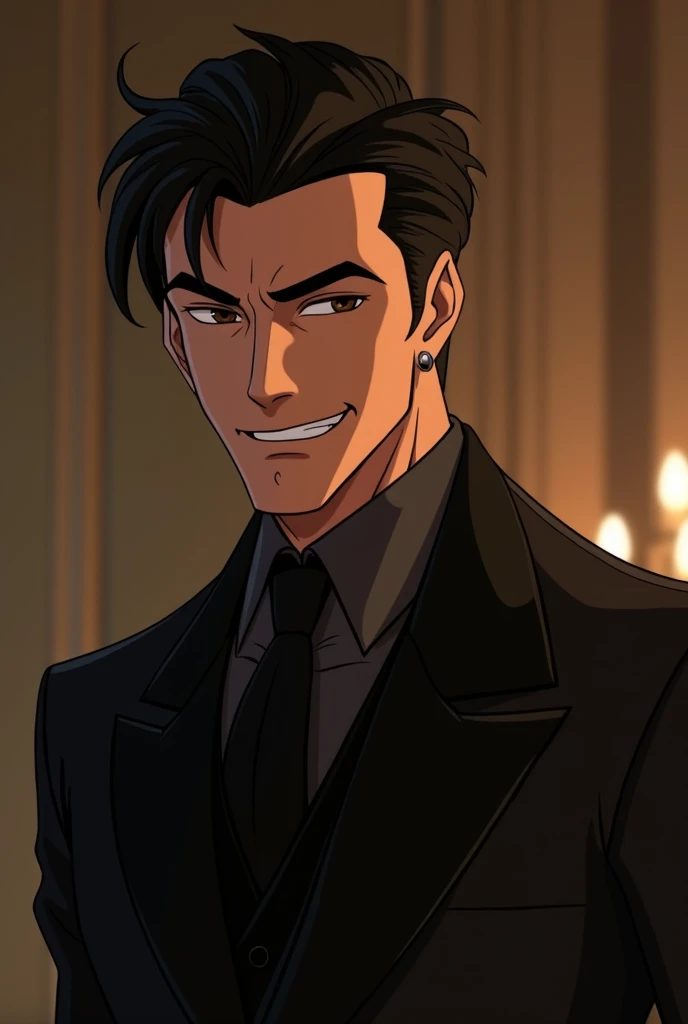  Creates an animated image of a tall man with white skin,  of perfectly groomed black hair ,  athletic and slightly strong , He wears a black suit, He has a penetrating gaze, and a seductive smile . 