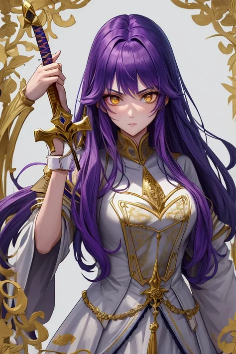 Girl, long, purple, straight hair, high quality bright yellow eyes, medieval costume, holding a sword.
snow forest background.
He only holds one sword, a sword with a golden blade, a purple handle, a high-quality sword.
only one sword, there can only be on...