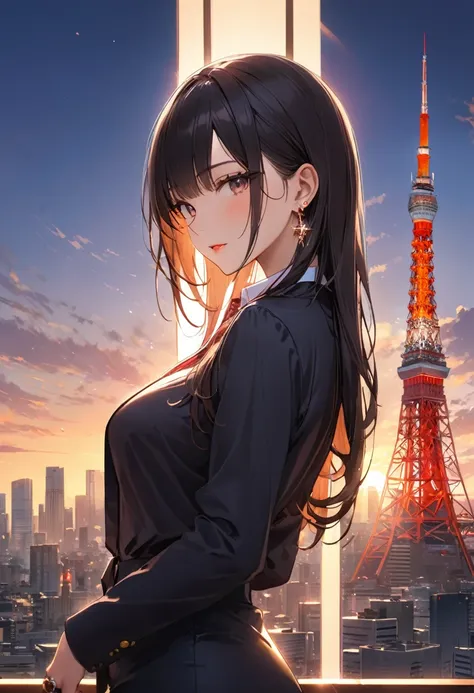 masterpiece,best quality,ultra detailed,high resolution,16k, beautiful,   1 girl ,  black long hair by lla,Business shirts、 earrings for a woman alone, Outdoor、Married Woman,sunlight、Clear skies、Tokyo Office、Skyscrapers in the background、 Tokyo tower 、bewi...