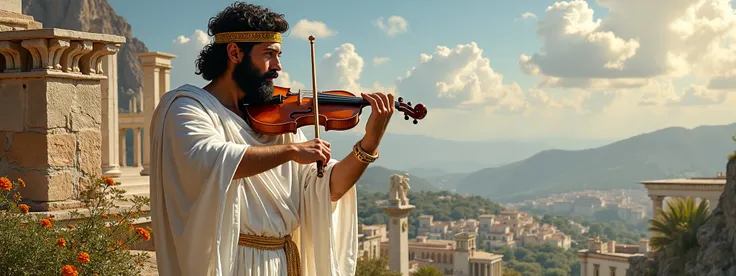 A Greek man who specializes in music dressed in white with short black hair,  black beard and a golden headset ,  playing his beautiful Greek instrument in a fabulous Greek landscape , amazing details, realist,  with incredible musical symbols , banner sty...