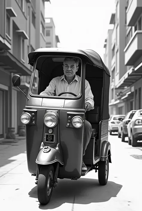 A white man driving a tuktuk; black and white 