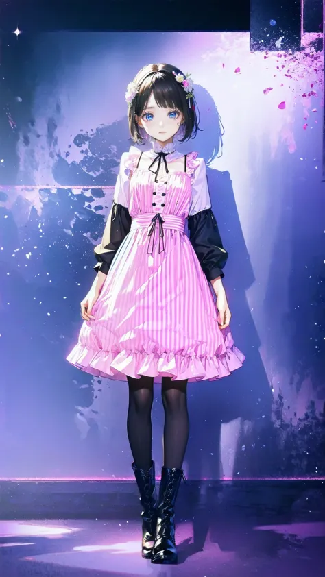 、 beautiful girl、とてもcute天使、 pink gothic dress 、cute、baby face、smile、 long skirt、 black long boots 、