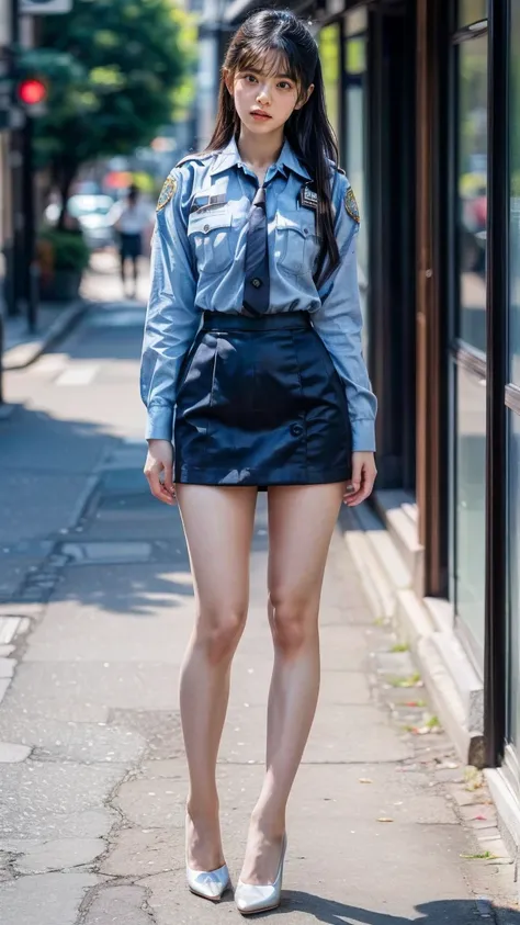 beautiful japanese woman, 22 years old, perfect anatomy, healthy thighs, beautiful legs, beautiful skin, random hair color, random hairstyle, large breasts, female police officer, japanese police uniform, miniskirt, full body shot, high heels, city street,...