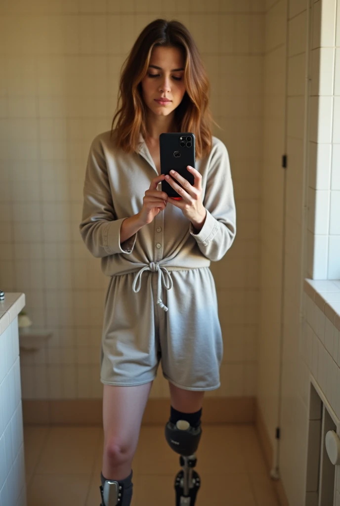 Young Argentinian woman with brown hair and pajamas wearing a healing prosthesis on the knee of her left leg taking a selfie with a black iPhone in the bathroom