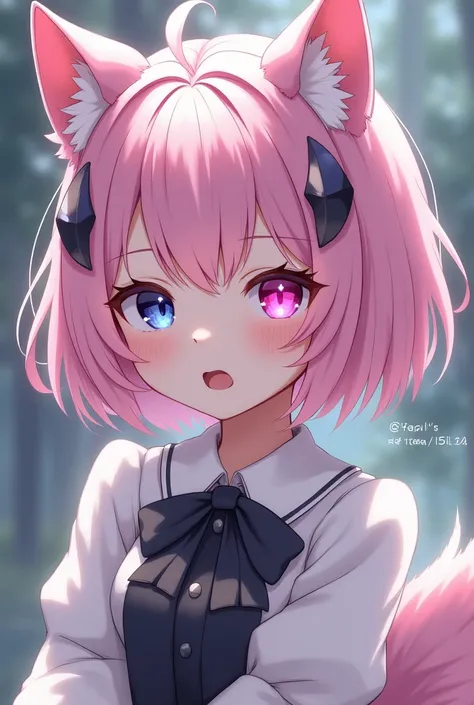  A girl with short pastel pink hair with bangs , wolf ears and wolf tail ,  left eye pink iris and star-shaped pupil ,  completely black right eye and pink heart-shaped pupil, long sleeve white blouse with black bow , mary jane shoes, black flick,  long so...