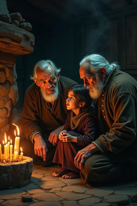 An old man and woman sit near a dimly lit fire in a rustic village setting, explaining the story to the frightened girl. Their expressions are serious and grim, and the atmosphere is tense.