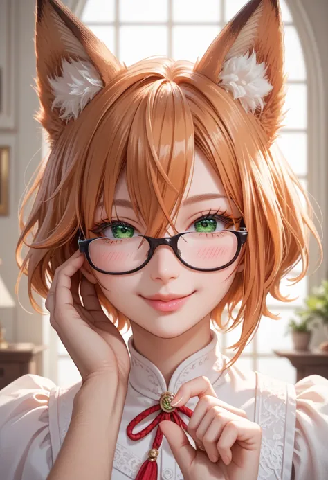 1 fox girl, semi human, short hair, hair between eyes, fox ears, fox hair, green eyes, detailed eyes, expressive eyes, brighting eyes, fine eyes, long eyes, blushing, cute lips, pink lips, orange eyelashes, pretty smile, smile of hapiness, glasses, sexy gl...