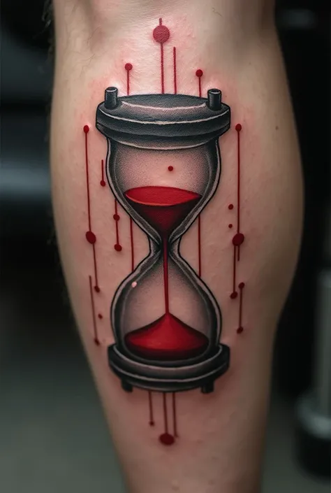 A captivating close-up photograph of a mans calf adorned with an intricately detailed tattoo of an hourglass. The hourglass is masterfully crafted with complex lines, showing its complex design. The red sand inside the hourglass creates a vivid contrast wi...