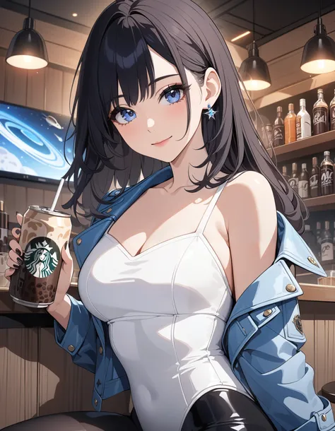 best quality, masterpiece, hires, highly detailed, 8k, solo, solo focus, 1girl, cute and attractive woman with black hair and blue eyes, blue leather jacket, white leotard, confident, full black leggings, sitting at a bar stool, holding a can of ice coffee...