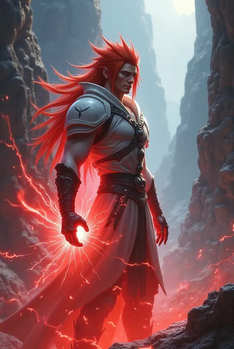 Create final fantasy style: a strong man with long, pointed hair, red with blue eyes, wearing a white jumpsuit with white boots with white gloves, exuding a pulsating red aura with a red energy in his hand pulsating in a gorge.