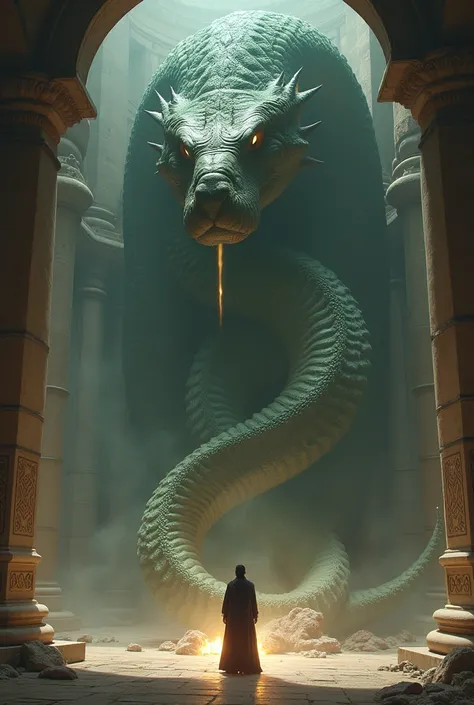 Person making a sacrifice for the gigantic serpent 