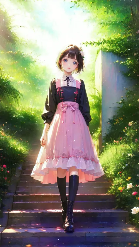 、 beautiful girl、とてもcute天使、 pink gothic dress 、cute、baby face、smile、 long skirt、 black long boots 、