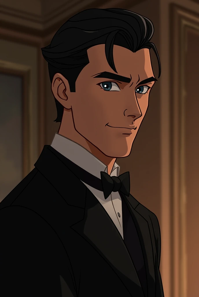  Creates an animated image of a tall man with white skin,  of perfectly groomed black hair ,  athletic and slightly strong , He wears a black suit, He has a penetrating gaze, and a seductive smile .  