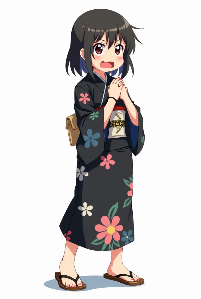 Anime girl with and standing in front of her full body legs and geta with black yukata with worried flowers and with a white background and full body and with pink nails and a black watch with fists on her chest both hands with an emotion of nervousness an...