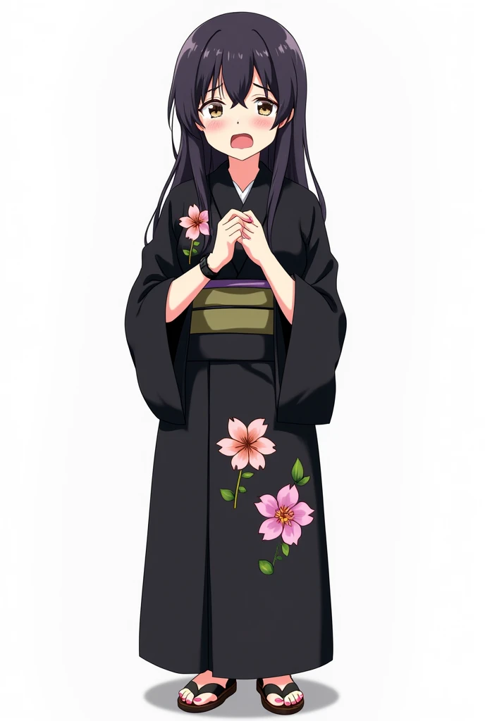 Anime woman with and standing in front of her full body legs and geta with black yukata with worried flowers and with a white background and full body and with pink nails and a black watch with her fists on her chest both hands with an emotion of nervousne...