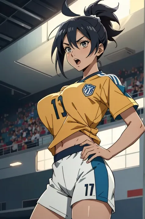  Play soccer ,  anime style, Celebrating the goal, lift up the shirt,  showing boobs , ( The best quality, High Resolutions),  vibrant colors,   dynamic lighting  