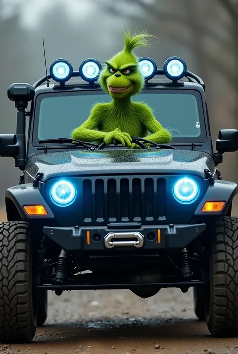 Create a realistic photo of the Grinch driving a black Jeep Liberty KJ 2005 inside with wide all-terrain rubbers off-road accessories with neon blue lights in the main headlights, 4 round LED lights on the roof  