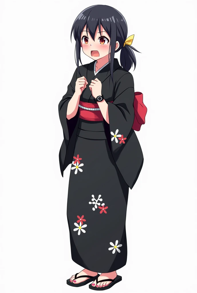 Anime woman with and standing in front of her full body legs and geta with black yukata with worried flowers and with a white background and full body and with pink nails and a black watch with her fists on her chest both hands with an emotion of nervousne...