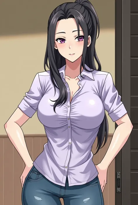 40-year-old adult woman with long black hair tied with a ponytail with purple eyes big breasts wearing a sexy purple shirt without buttons long sleeves showing her neckline and tight blue jeans in the background of the patio of an anime-style house