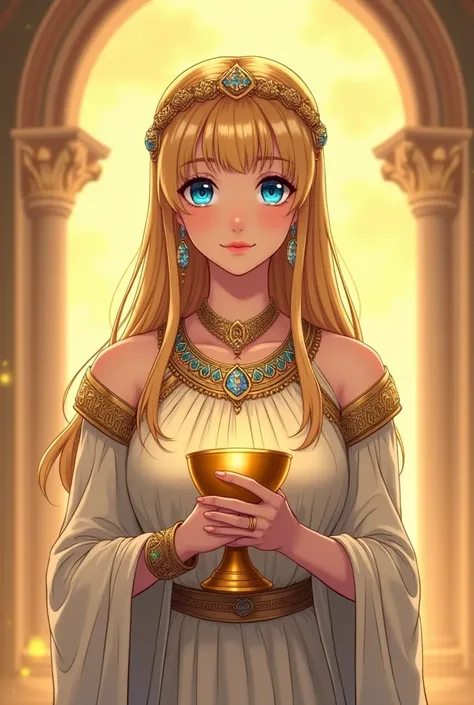 An anime-style illustration featuring a beautiful Roman princess with sleek, long golden hair and bangs, adorned with an elegant gold hairpiece. She is dressed in a traditional Roman linen gown, with exquisite jewelry encrusted with gemstones and gold drap...