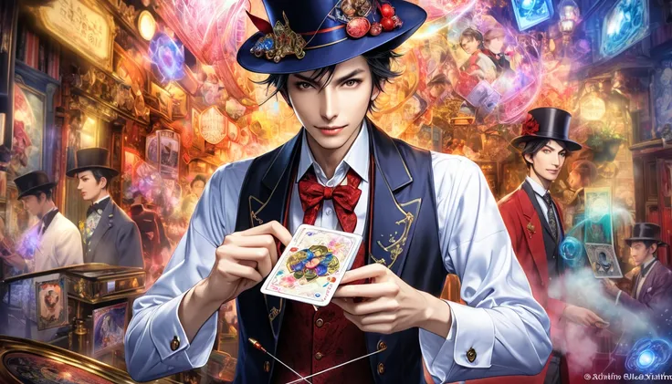  Man Wearing a Silk Hat with a Card and Camera, magician, skinny male magician, sakimimichan, Fantasticism, Gamer, Written by Kojima Ayumi, sakimichan, attractive magician man, Houdini &  photoshop ,  By Toshihide Nishida, Luminism, method, aim