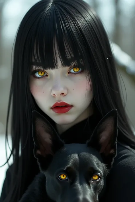 White girl with straight black hair yellow eyes Gothic square face red lips as pale as snow with her Belgian shepherd Groenendael on a sunny day 

