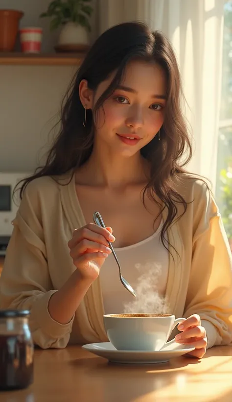 A young woman in the kitchen, stirring coffee. The spoon made small circles in the cup. The image must be of a realistic character to illustrate a chapter of a book.