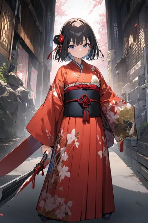  girl, masterpiece,  best quality,  very aesthetic, whole body,  standing, kimono, knife, Shoulder Bare, Young,  cute