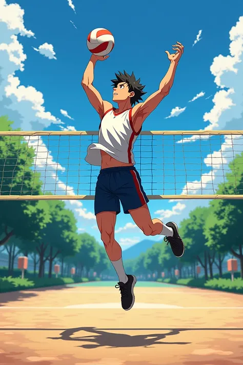 A guy playing volleyball in anime style