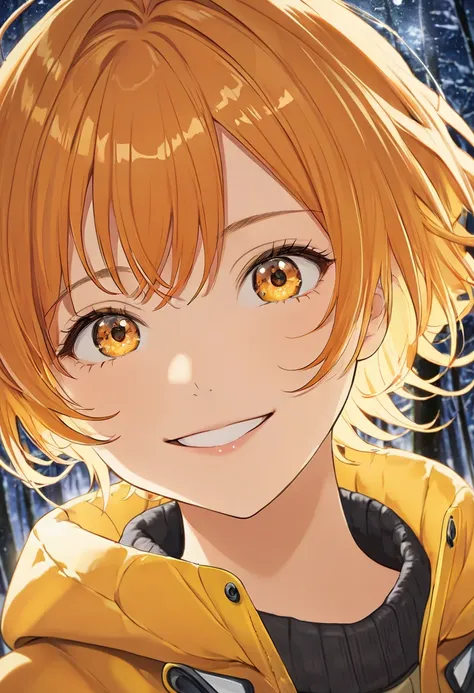  cool adult woman 、 orange short hair and yellow eyes、yellow winter coat 、Forest Background、  Fearless Smile 、( face close-up )、Astronomical Observation