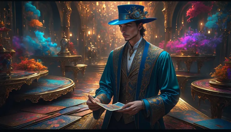 a skinny male magician in a silk hat holding cards, extremely detailed, hyper realistic, photorealistic, intricate details, dramatic lighting, moody atmosphere, fantasy, surreal, concept art style, digital painting, masterpiece, 8k, highly detailed, vibran...