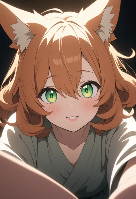 1 fox girl, semi human, medium hair, curly hair, hair cover the ears, hair between eyes, fox ears, fox hair, orange hair,  green eyes, detailed eyes, expressive eyes, brighting eyes, fine eyes, long eyes, blushing, cute lips, pink lips, orange eyelashes, p...