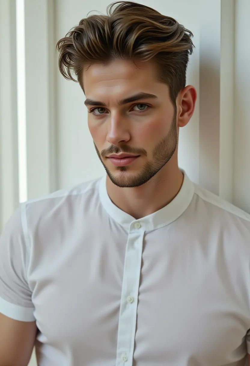    anatomically correct , plano general,   Dress shirt, Modern and elegant dress,  full body,((A handsome man,    male model modern clothing is sitting against the wall on a wall,  Full body portrait sensual pose   : 1.5)), ( The   Best quality   , 4k, 8K,...