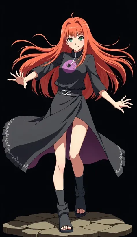  Create a Naruto Shippūden anime character. Mai Yamamoto  ( FOURTEEN YEARS ).  full body .  Designed by manga artist Masashi Kishimoto, creator of the anime  "Naruto Shippuden"  fire-colored straight hair animation with two white locks highlighted on the f...