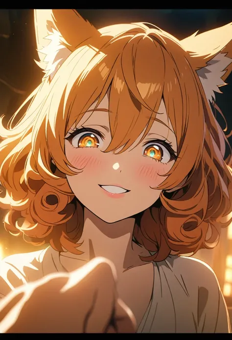 1 fox girl, semi human, medium hair, curly hair, hair cover the ears, hair between eyes, fox ears, fox hair, orange hair, detailed eyes, expressive eyes, brighting eyes, fine eyes, long eyes, blushing, cute lips, pink lips, orange eyelashes, pretty smile, ...