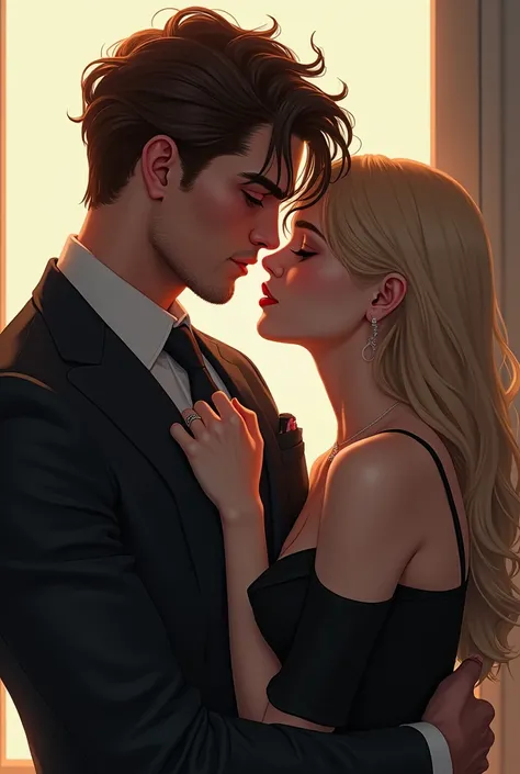 Digital high illustration masterpiece of a handsome strong man in his twenties , powerful black look and brown hair, similar to the Robbert Pattinson, wearing a suit and a tie, looking intensely and passionately at a beautiful twenty-year-old girl similar ...