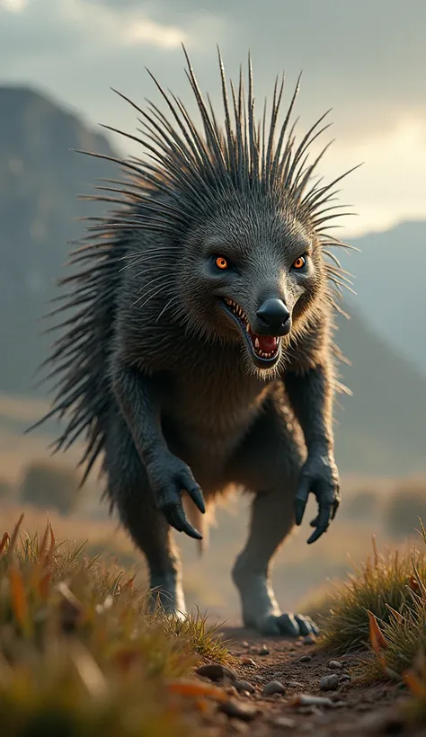 "Create a highly realistic and seamless hybrid creature combining features of a Crested Porcupine and a Kangaroo. The creature has sharp, bristling quills along its back and tail, powerful kangaroo-like legs for leaping, and glowing, predatory eyes. Its fa...