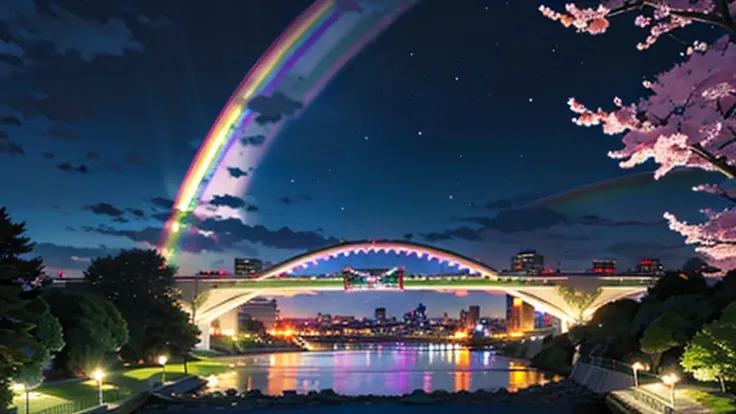 (((Rainbow Bridge)))、(masterpiece),( best quality)、Night Sky、Urban landscape with lots of cherry trees、Tokyo、landscape