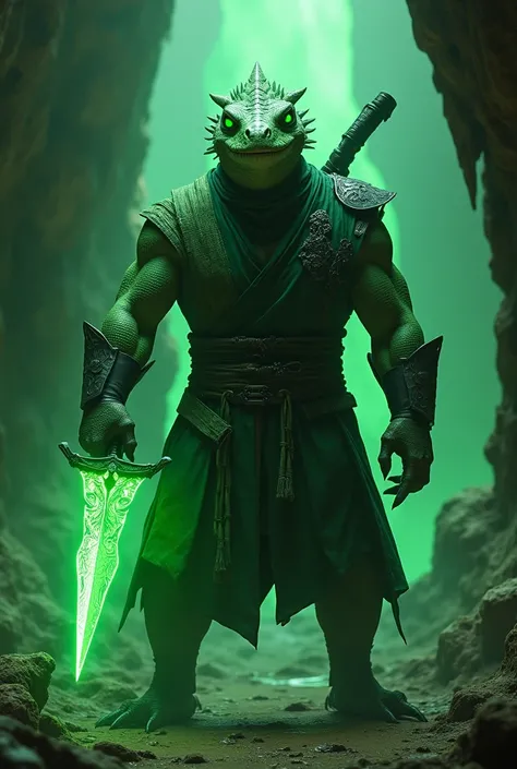 Create final fantasy style a green lizard man with green eyes wearing a green ninja vest with black ornaments exuding an intense green aura holding a medium green dagger with ornaments in a cave