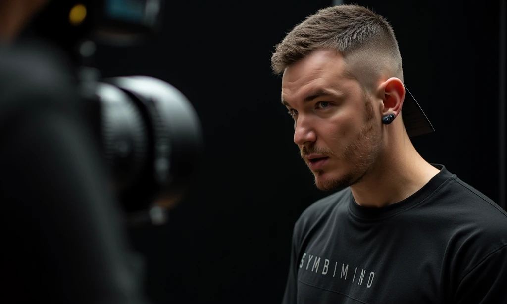 brutal photo ,  A little side view , shot at a wide angle slightly from above, Create a trendy ,  a bright image of a young guy , short shaved head,  A guy of a pumped up build ,  The guy wears an oversized black t-shirt with SYMBIMIND . He is a director o...